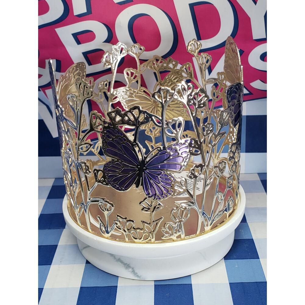 BBW Gold / Purple Butterfly w. Marble Base 3 Wick Candle Holder Home Decor - Picture 2 of 3